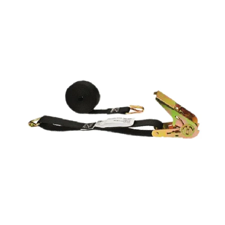 Black ratchet tie-down strap with gold-colored metal ratchet buckle, wire hooks, and coiled webbing on a white background