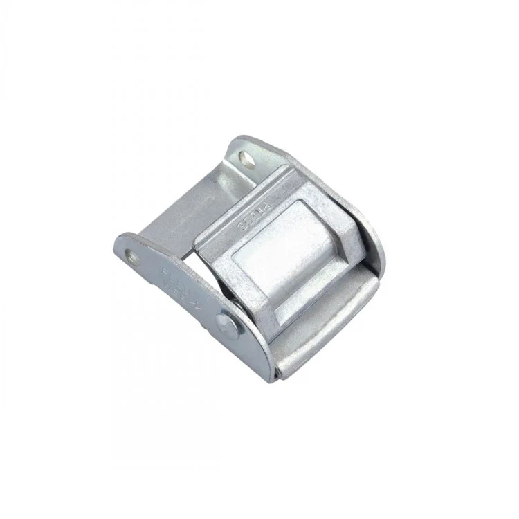 Zinc-plated steel over-center latch buckle with mounting holes, angled view on a plain white background