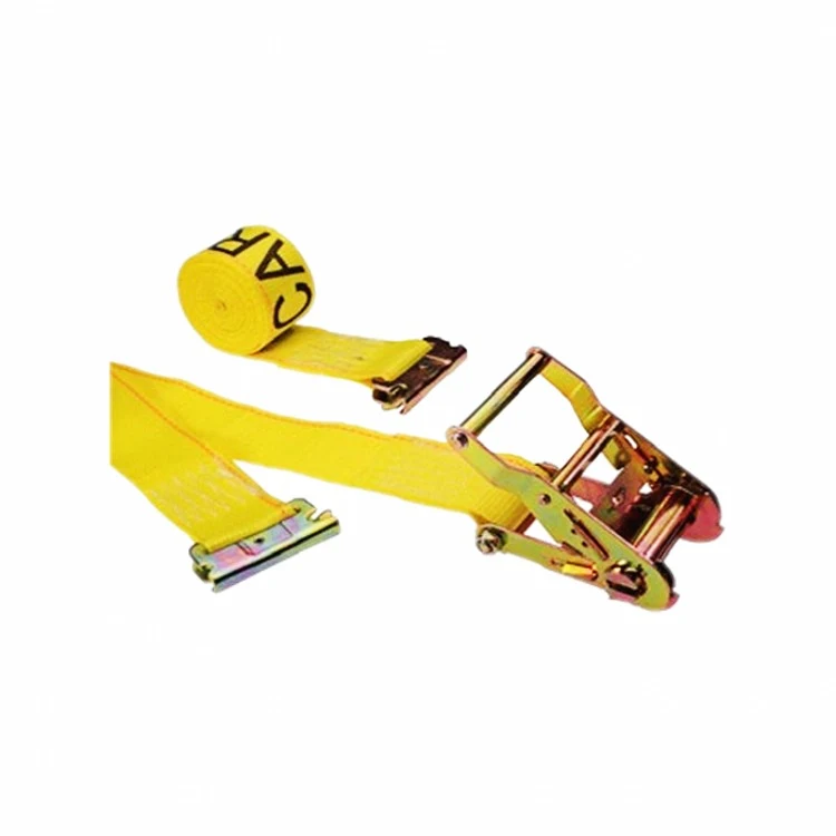 Yellow cargo lashing strap with a gold zinc-plated ratchet buckle and metal end fittings