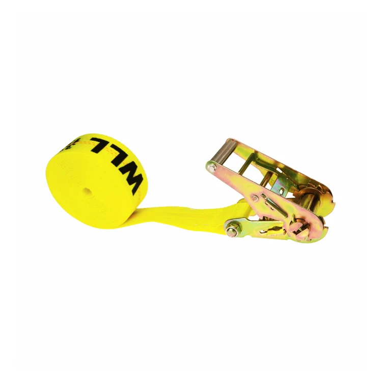 A yellow ratchet tie-down strap with a metal ratchet mechanism and a coiled strap end