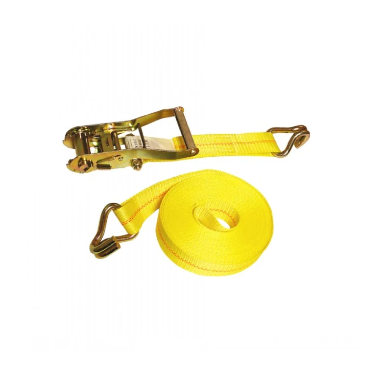 Yellow ratchet tie-down strap with metal wire hooks, coiled, on a white background