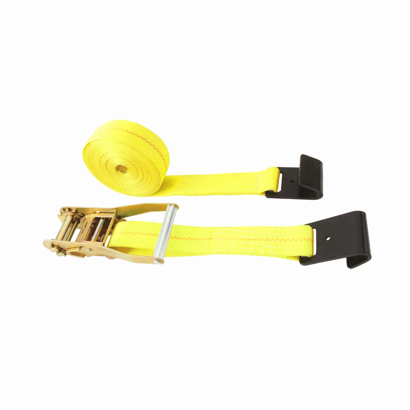 Yellow ratchet strap with black flat hooks and gold ratchet mechanism on a white background