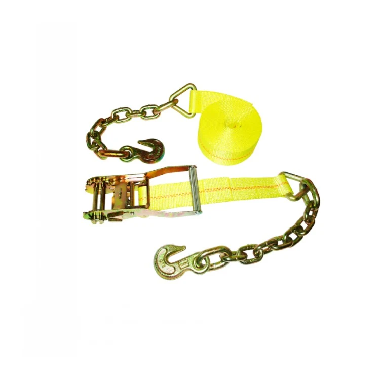 Yellow ratchet tie-down strap with steel ratchet buckle and chain grab hooks on white background