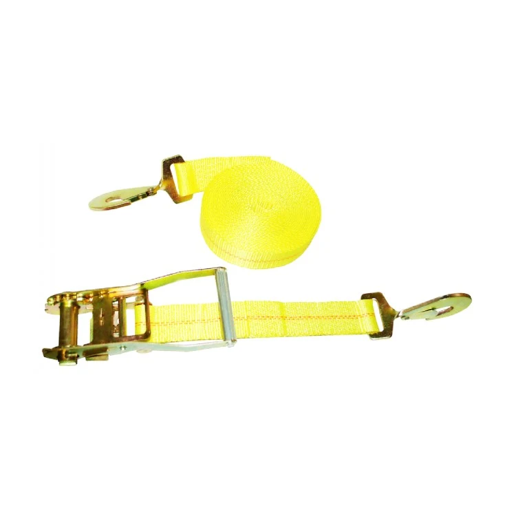 Yellow ratchet tie-down strap with metal ratchet buckle and wire J-hooks on a white background