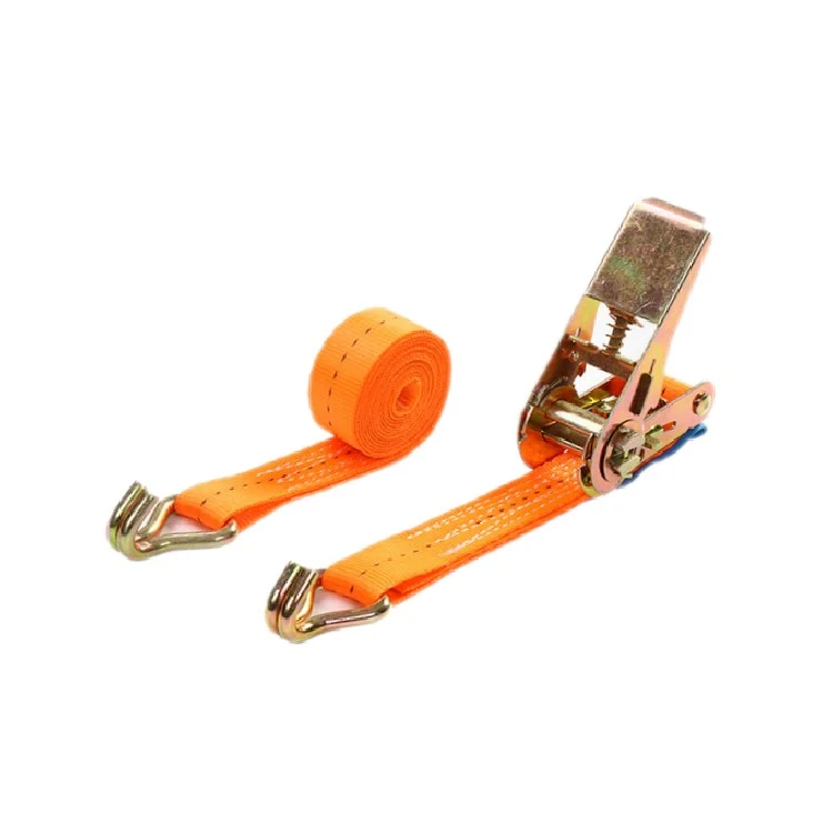 Orange ratchet tie down strap with metal S hooks and ratchet mechanism, coiled webbing on white background