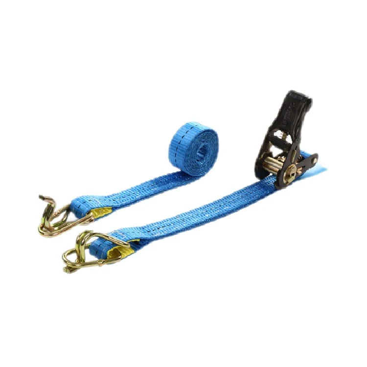 Blue ratchet tie-down strap with metal hooks and black ratchet buckle on a white background