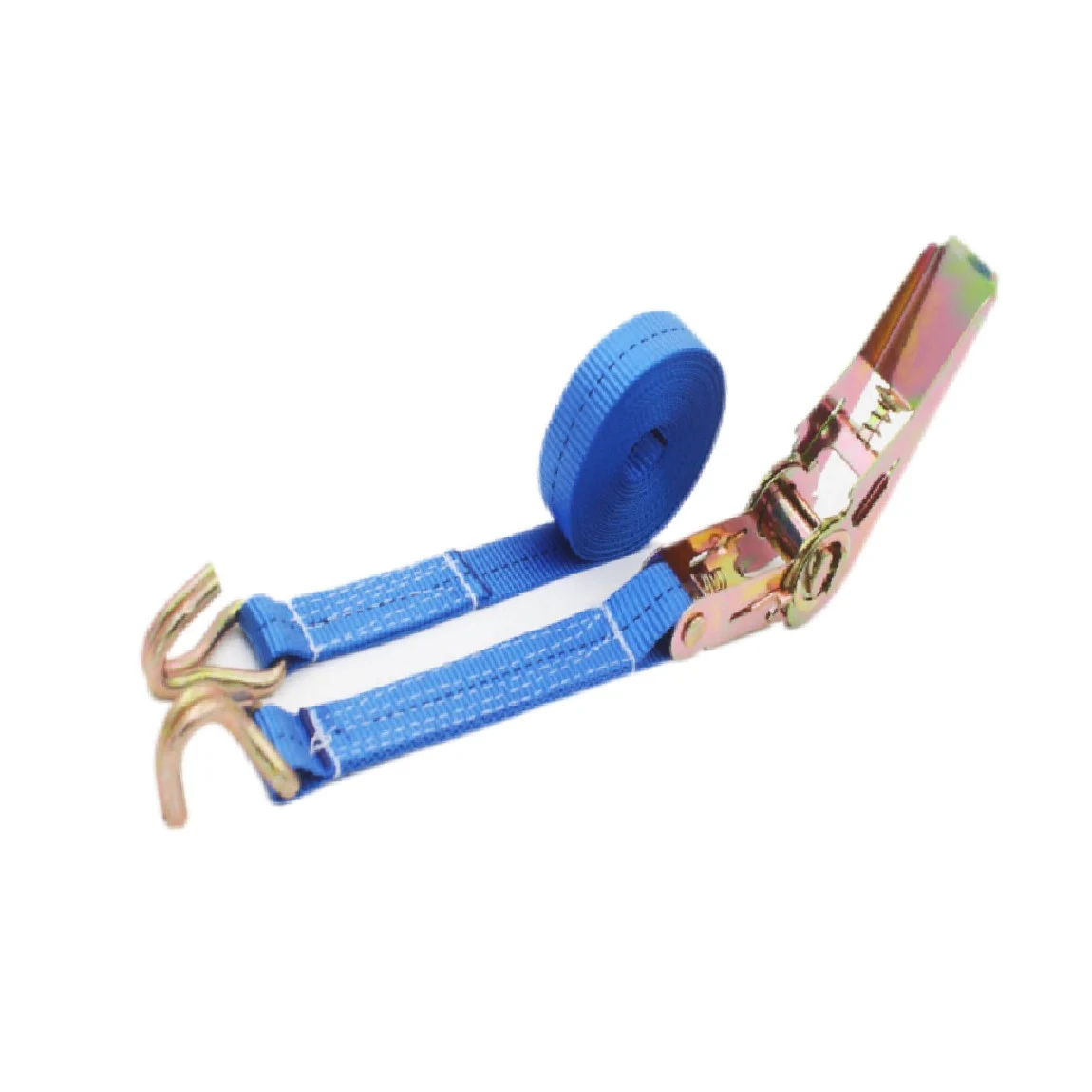 Blue ratchet tie down strap with a coil of webbing and metal J-hooks