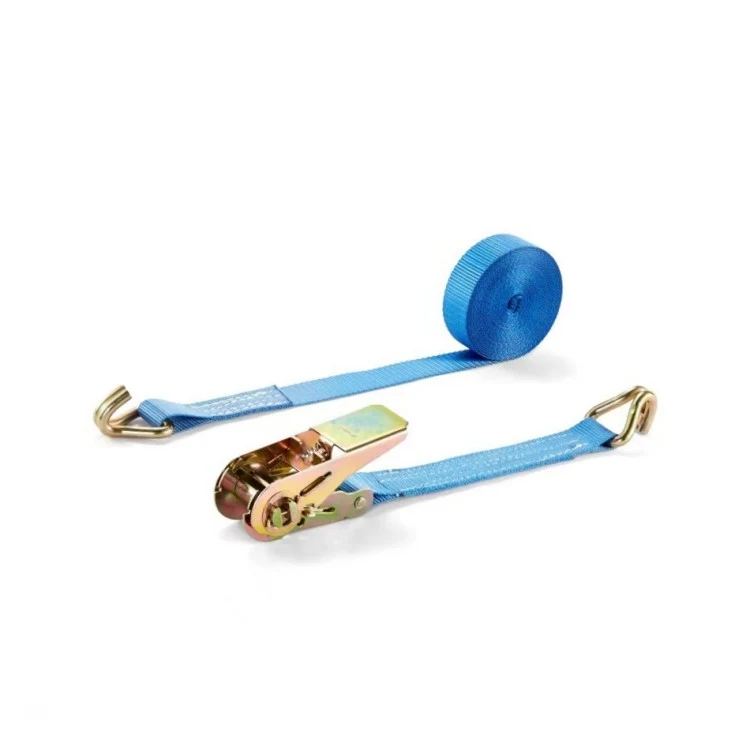 Two blue ratchet tie-down straps with metal J-hooks and a gold ratchet buckle on a white background