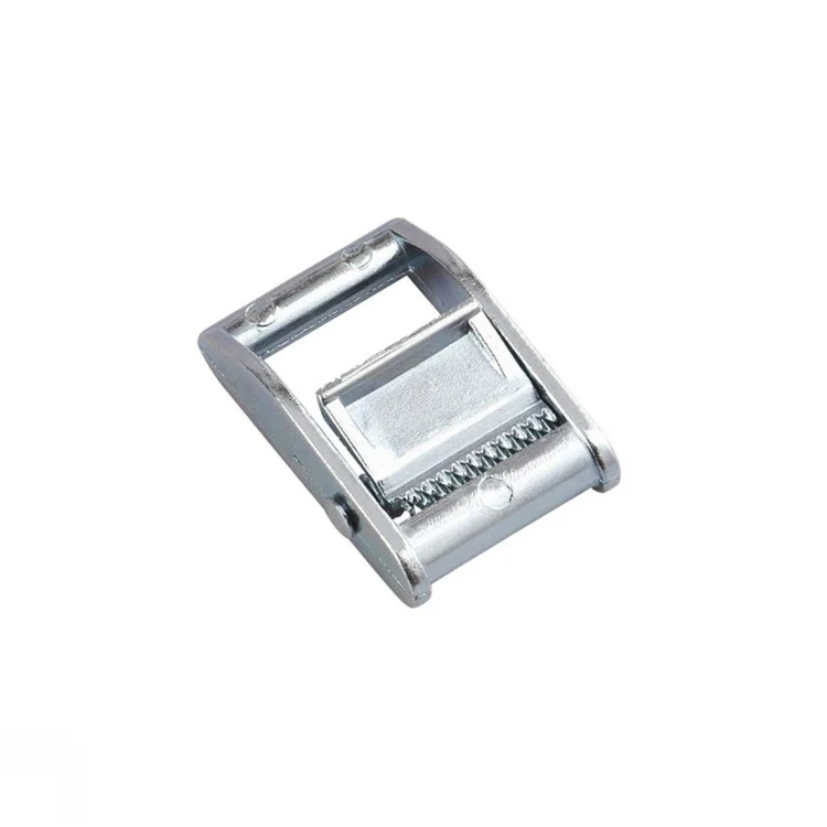 Silver steel cam buckle with coiled spring mechanism, isolated on a white background