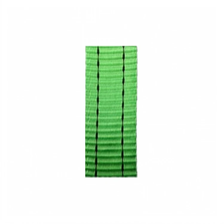A vertical strip of green polyester webbing featuring two black longitudinal stripes on a white background