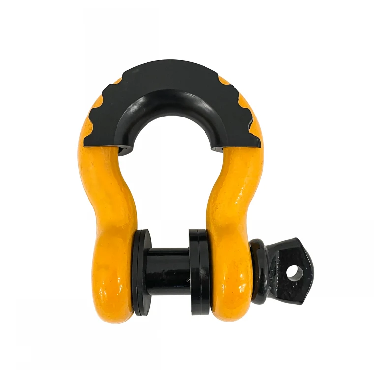 Yellow and black bow shackle with a black protective saddle and a pin with a hole, set against a white background