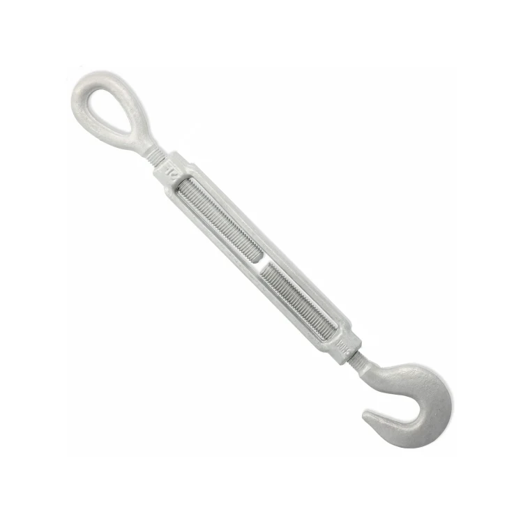 Galvanized turnbuckle with eye loop on one end and hook on the other, isolated on white background