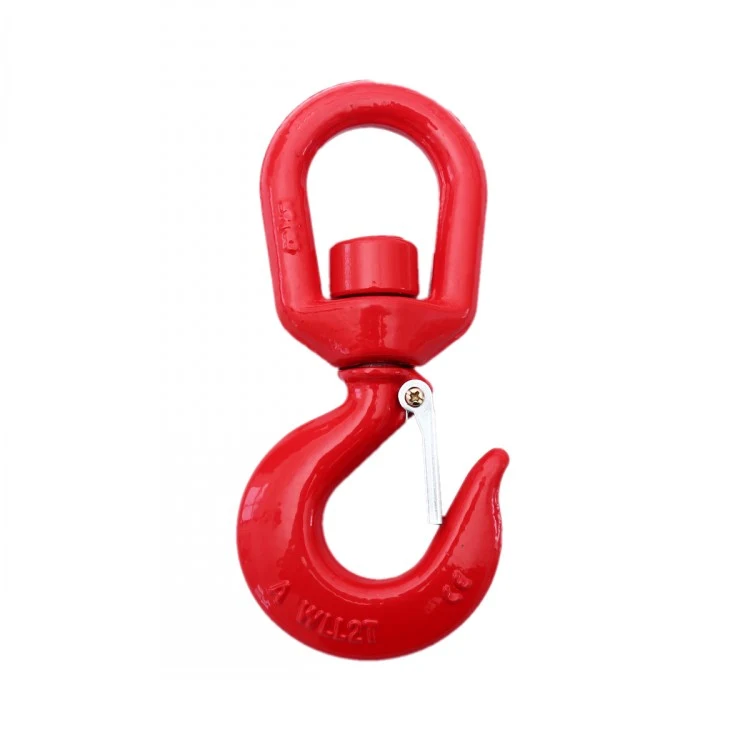 Red swivel lifting hook with safety latch and eyelet