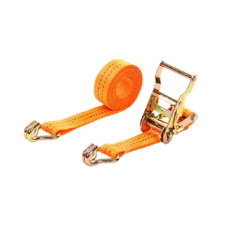Orange ratchet lashing strap with metal J-hooks and ratchet buckle coiled on a white background