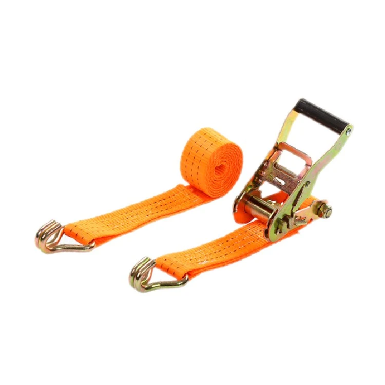 Orange ratchet tie-down lashing strap with metal J-hooks and black-grip ratchet buckle on white background