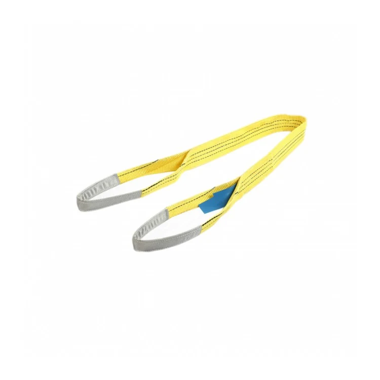 Yellow webbing lifting sling with reinforced looped eyes on a clean white background