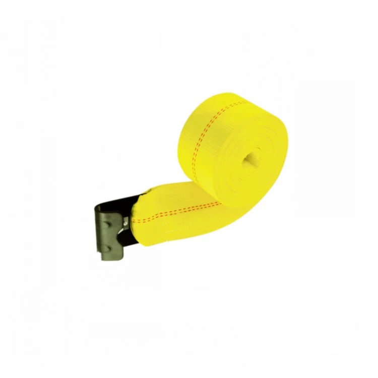 Coiled yellow tie-down strap with black metal flat hook on white background