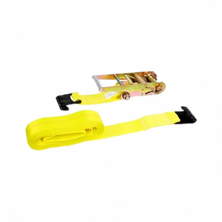 Yellow ratchet tie-down strap coiled with black flat hooks and metal ratchet buckle on white background