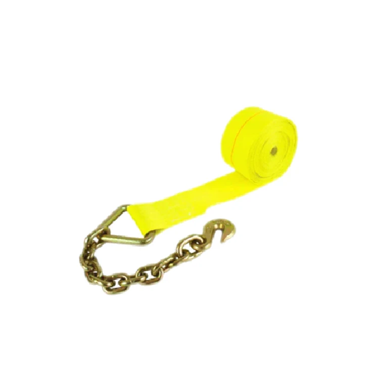 A roll of yellow webbing with a metal chain extension and hook, photographed on a white background