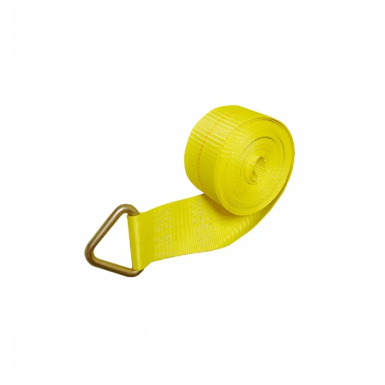 Rolled yellow winch strap with a gold delta ring on a white background