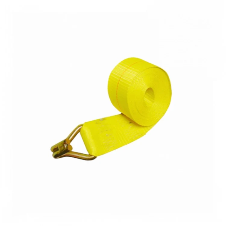Coiled yellow winch strap with a double J hook on a white background