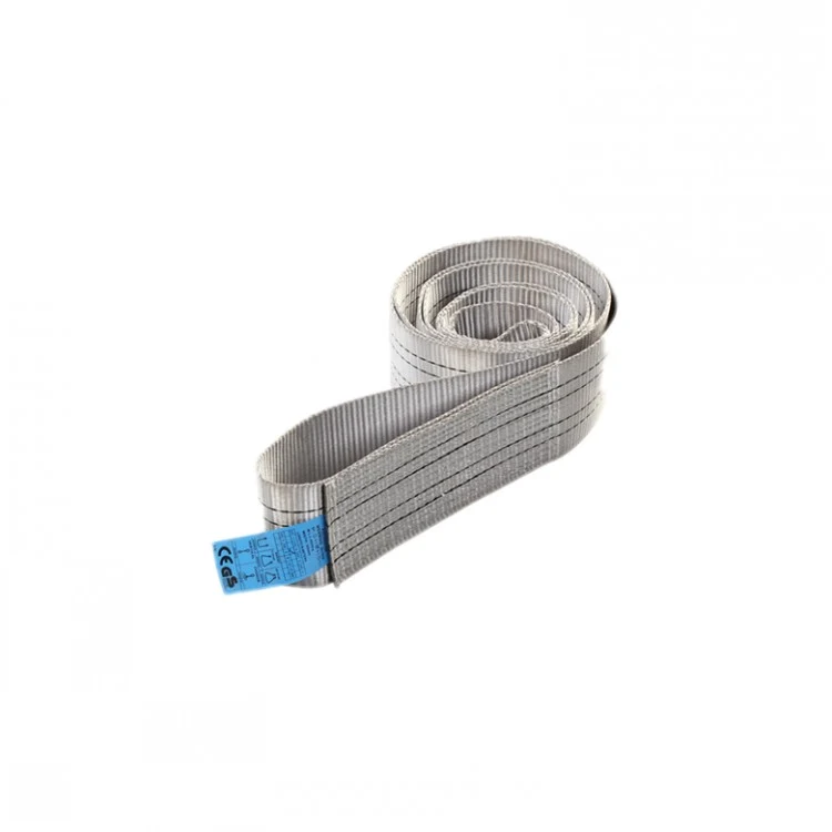 A coiled, endless grey polyester lifting sling with a blue tag, on a white background