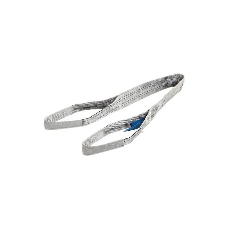 White webbing lifting sling with reinforced loop eyes and small blue tag on a plain white background