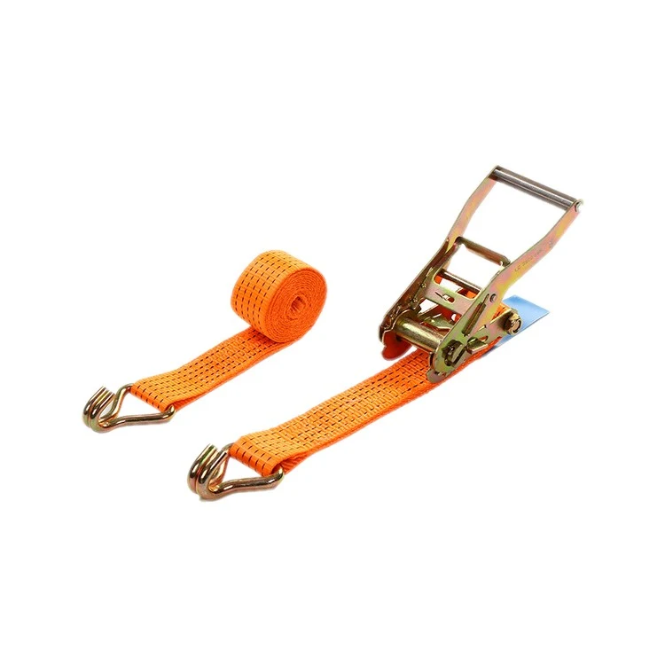 Orange ratchet tie-down strap with metal hooks and ratchet buckle shown on a plain white background
