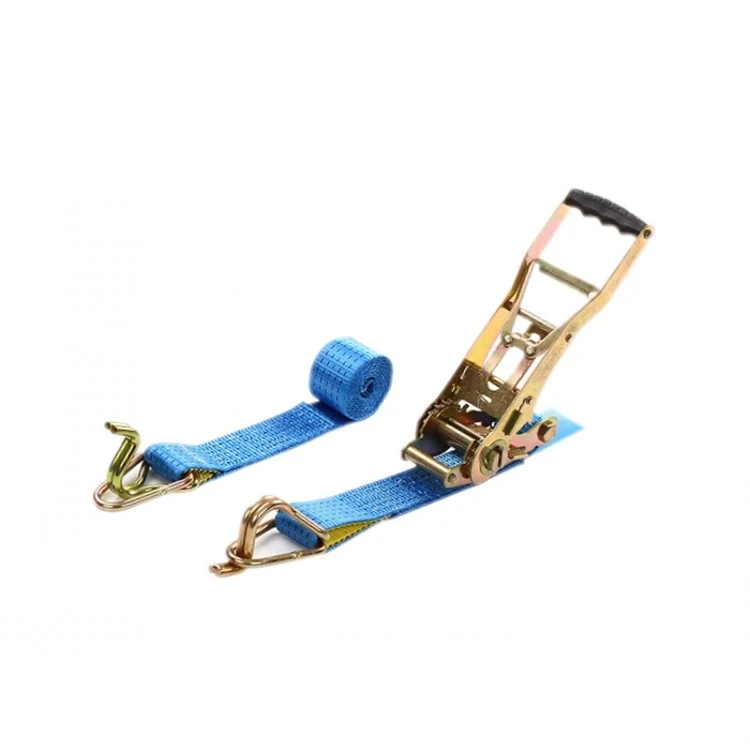 Blue ratchet tie-down strap with metal ratchet buckle, rubber-grip handle and wire hook on white background