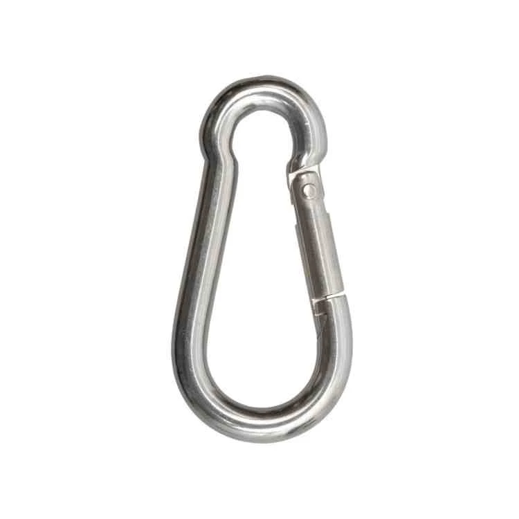 Polished steel snap hook carabiner with spring-loaded gate on a plain white background