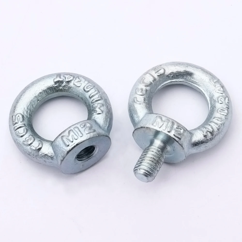 Two galvanized steel eye bolts, M12, showing internal and external threads with stamped markings