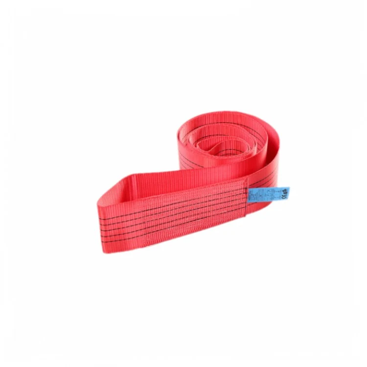 Red coiled webbing lifting sling with black load stripes and blue identification label on white background