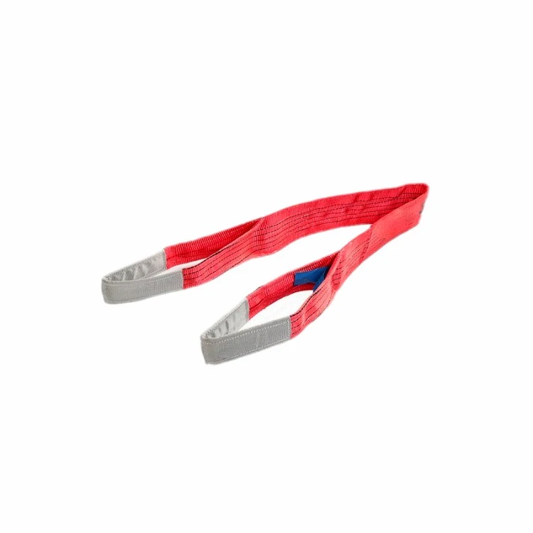 Red flat woven polyester webbing sling with reinforced eyes on a white background