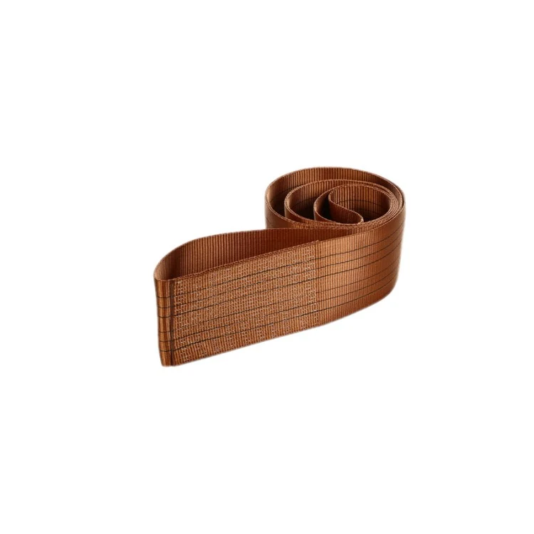 Coiled brown polyester webbing strap with stitched reinforcement laid on a plain white background
