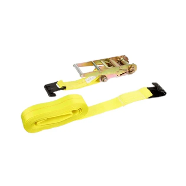 Yellow ratchet tie-down strap with metal ratchet buckle and black flat hooks