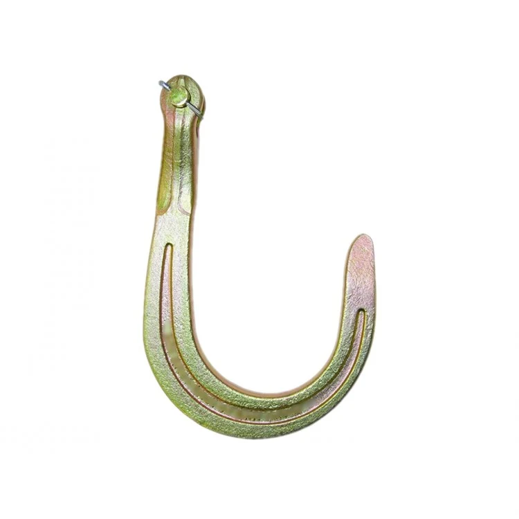 Large yellow zinc-plated steel J-hook with a bolt pin at the top, isolated on a white background