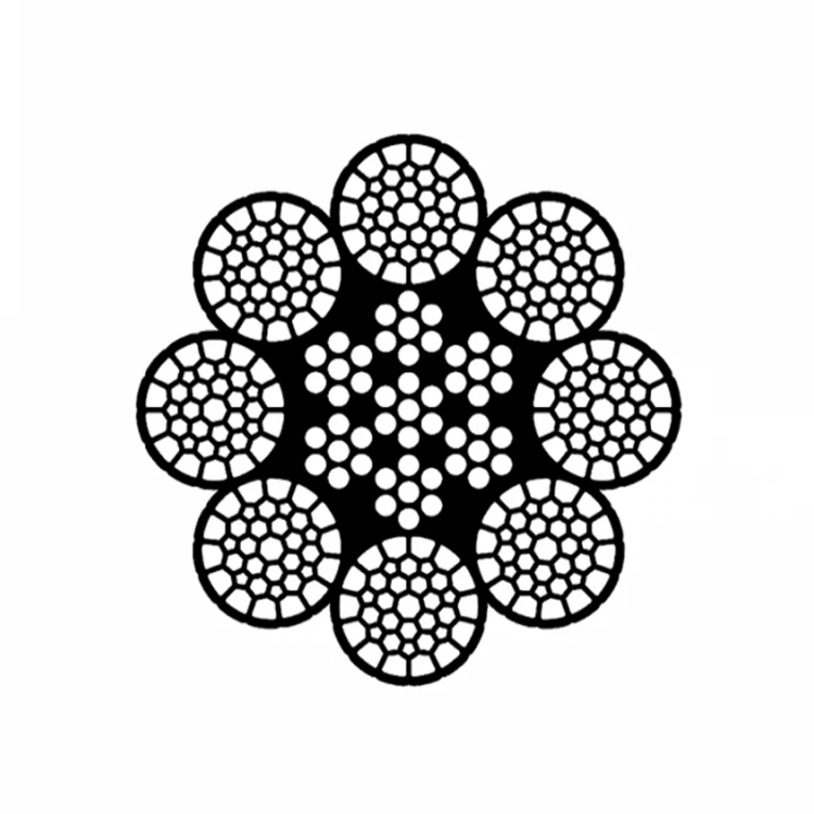 Black and white diagram of a wire rope cross-section showing multiple stranded wire bundles arranged around a central core