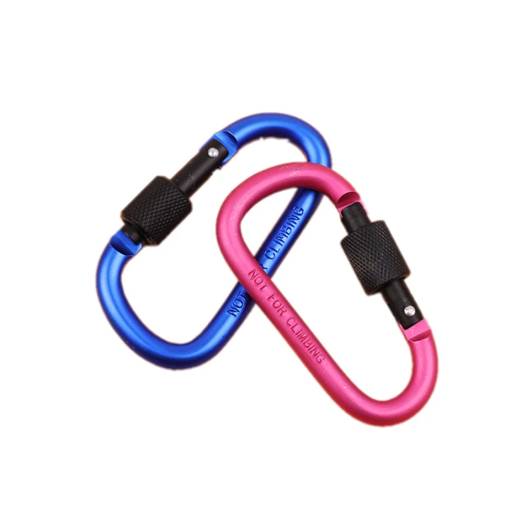 Blue and pink aluminum carabiners with screw lock gates linked together on a white background