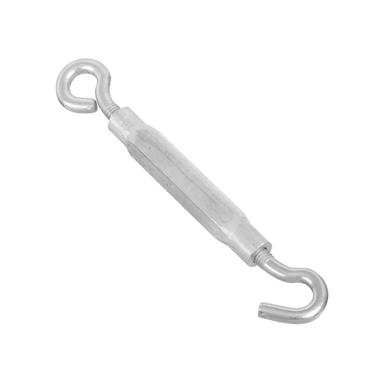 Galvanized steel turnbuckle with eye loop and hook ends, diagonally angled on a white background