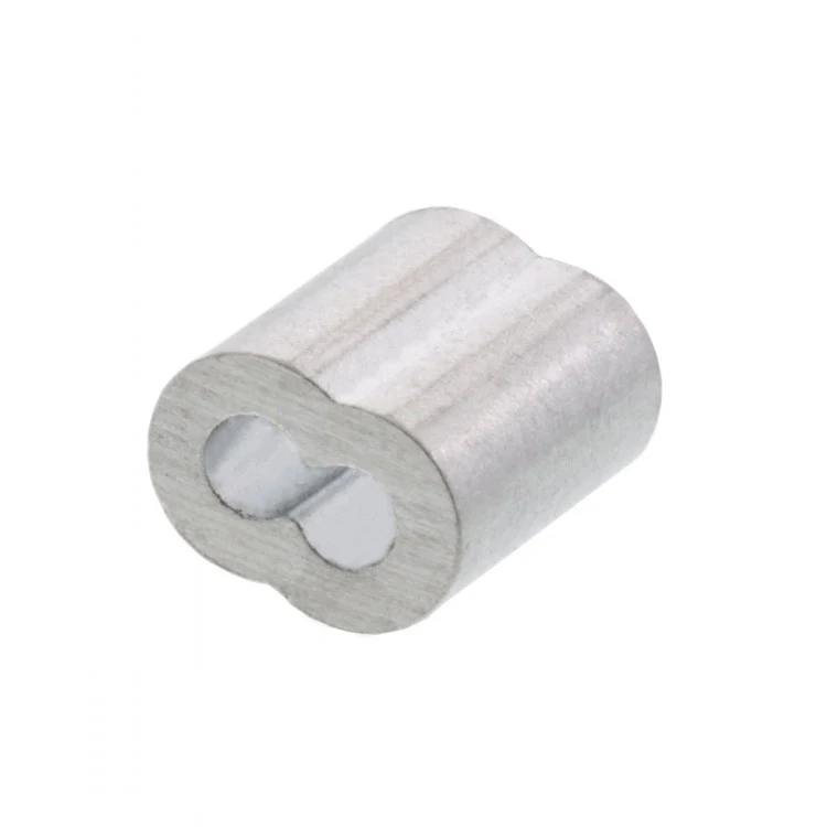 Silver aluminum double-hole crimp sleeve ferrule for wire rope, shown at an angle on a white background