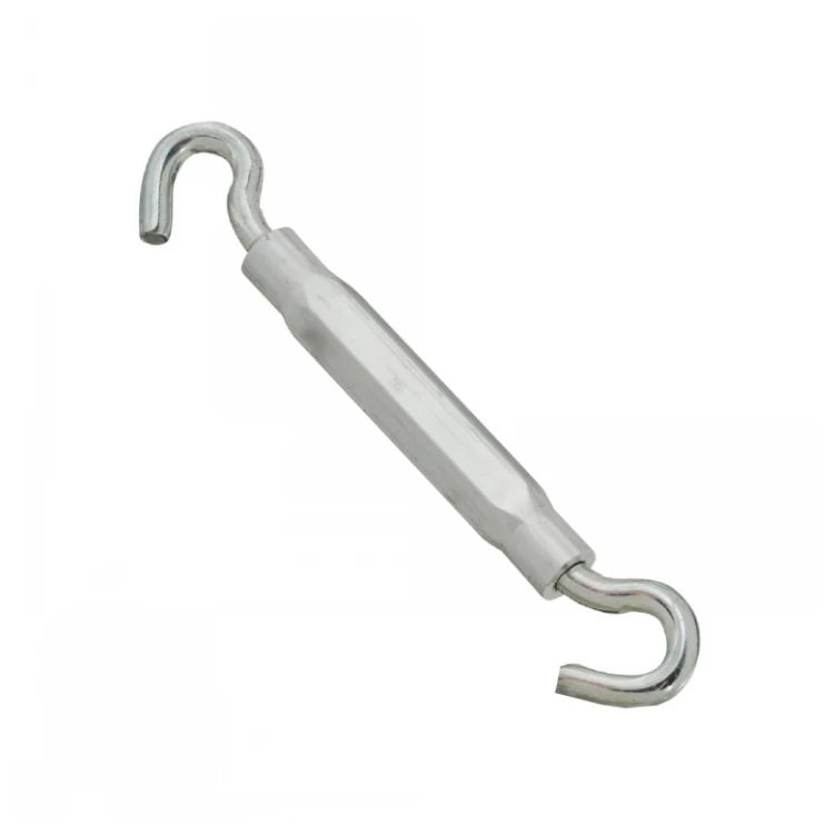 Silver zinc-plated hook-and-hook turnbuckle with oval body, angled diagonally on a plain white background