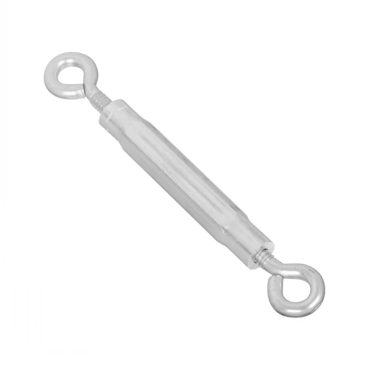 Silver eye-and-eye turnbuckle with threaded eye bolts on a plain white background