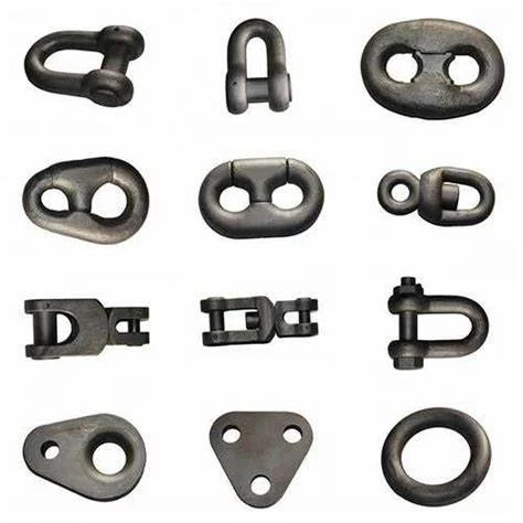 Grid of twelve black forged steel rigging fittings including shackles, connecting links, rings, and plates on white background