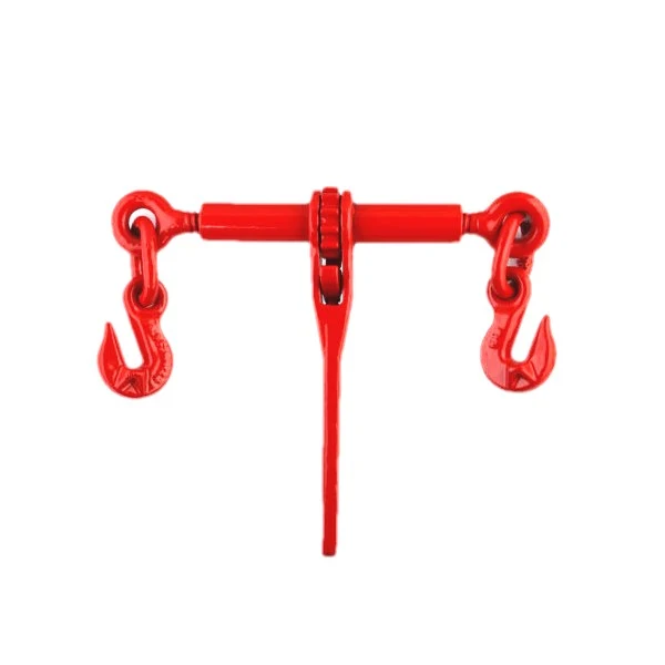 Red turnbuckle rigging hardware with hooks and handle