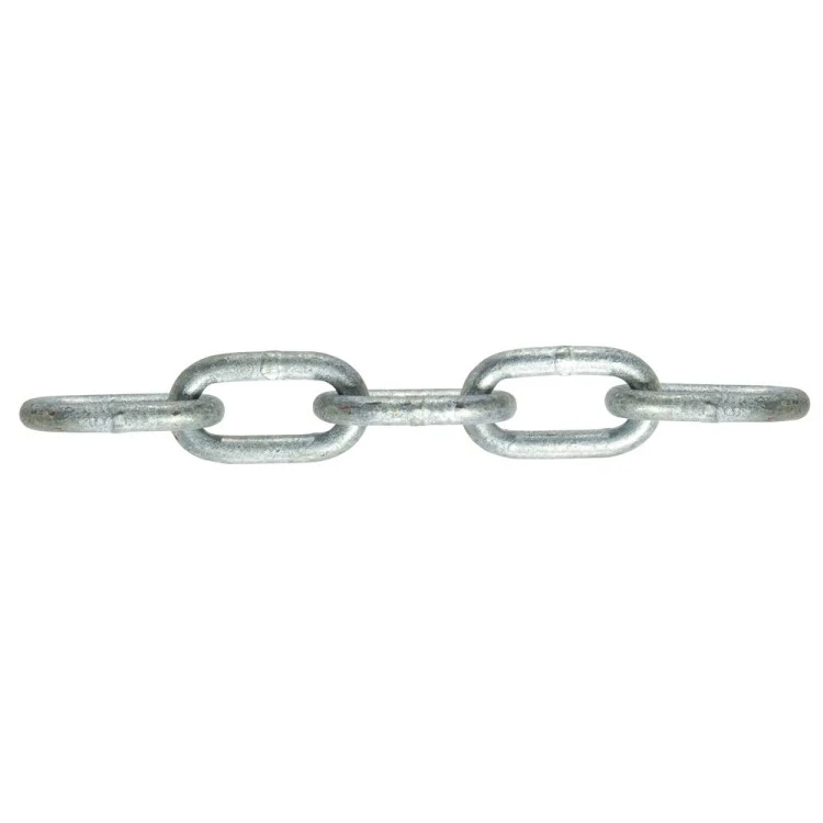 Galvanized steel chain with interlocking oval links on a white background