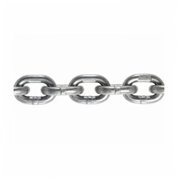 Segment of galvanized welded steel chain with oval links on a white background