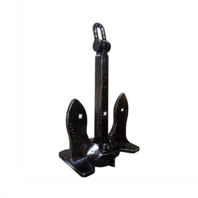 Black cast steel stockless ship anchor with shackle, centered on a plain white background