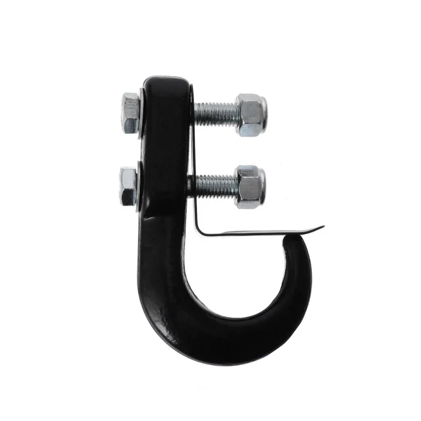 Black painted steel tow hook with metal mounting bracket, two hex bolts, washers and nuts, on white background