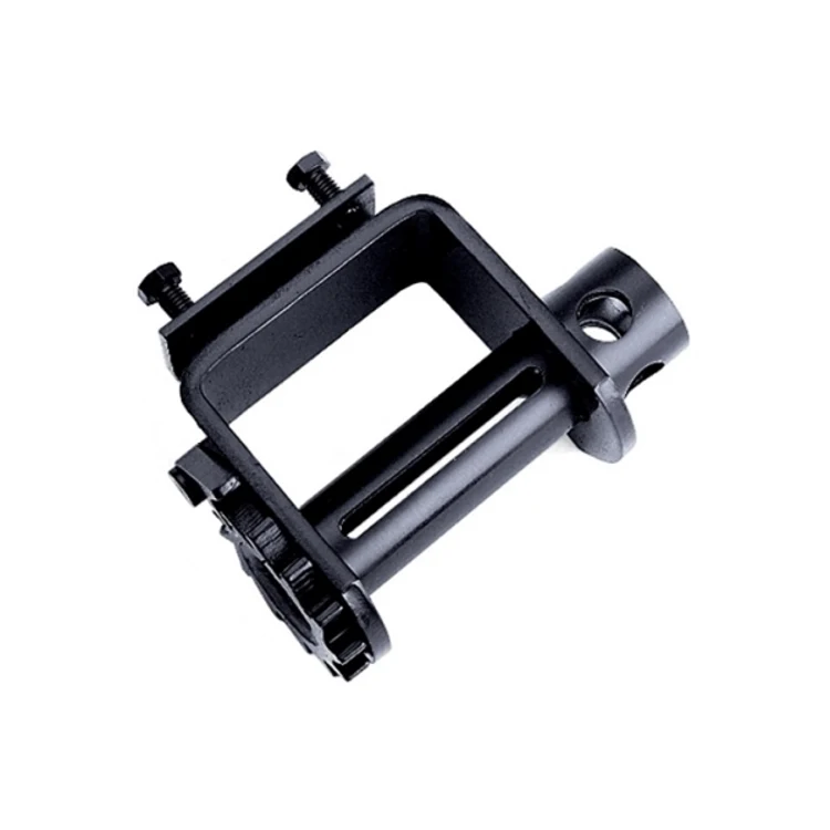 Black steel winch mounting bracket with bolts and roller fairlead on a white background