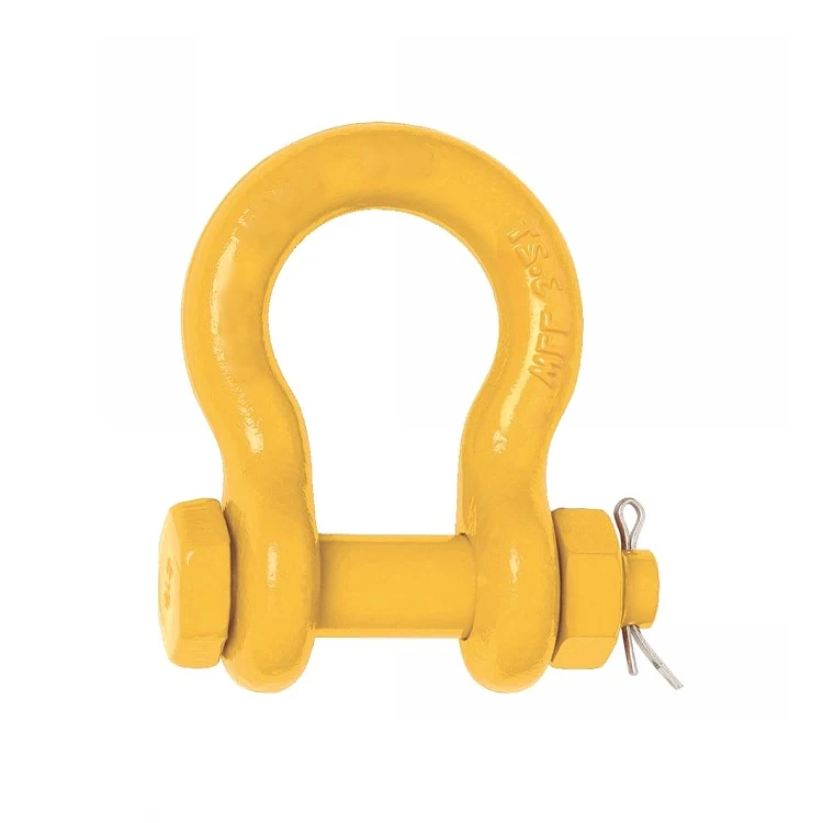 Yellow bow shackle with bolt, nut and split pin, photographed on a plain white background